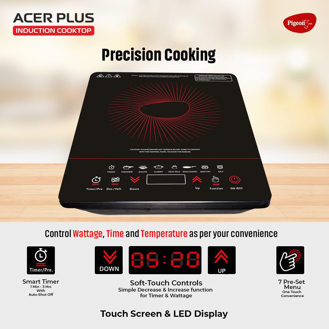 Pigeon By Stovekraft ABS Plastic Acer Plus Induction Cooktop 1800 Watts With Feather Touch Control - Black