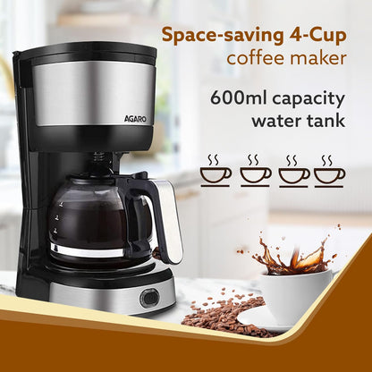 AGARO Royal 4 Big Cups Drip Coffee Maker, 600 Ml Borosilicate Glass Carafe Jar, 750W, Water tank with Level Indicator, Brewer Machine with Cone Filter, Auto Shut Off, Steel Body, Black & Silver