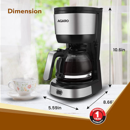 AGARO Royal 4 Big Cups Drip Coffee Maker, 600 Ml Borosilicate Glass Carafe Jar, 750W, Water tank with Level Indicator, Brewer Machine with Cone Filter, Auto Shut Off, Steel Body, Black & Silver