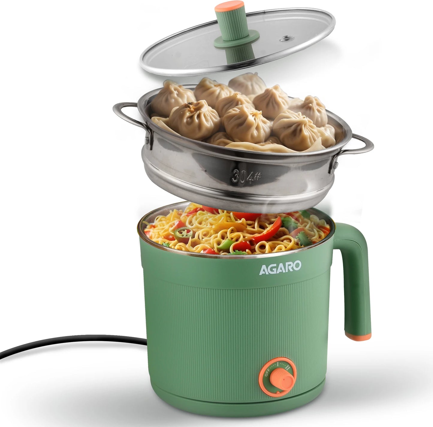 AGARO Regency Multipurpose Kettle With Steamer, 1.2L Inner Pot, Double Layered Body, Variable Temperature Settings, Wide Mouth, Boiling, Steaming, Tea, Coffee, Egg, Vegetable Boiling, 600W, Sea Green